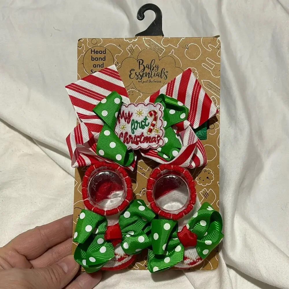 Baby Essentials 0-6 Christmas bow bootie socks headband My First Christmas NWT